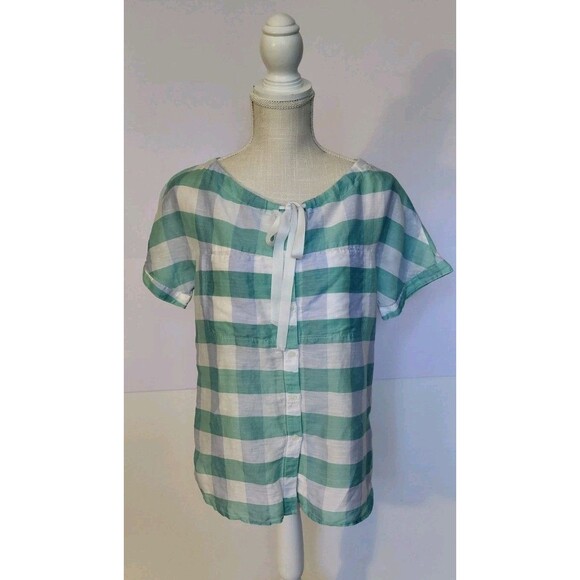 Nordstrom Signature Size S Linen Blend Green Checkered Blouse w/Ribbon Tie - Picture 1 of 9